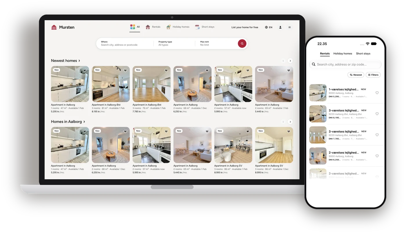 Mursten on computer and iPhone: the website and the app show available rental homes with photos, search and a list.