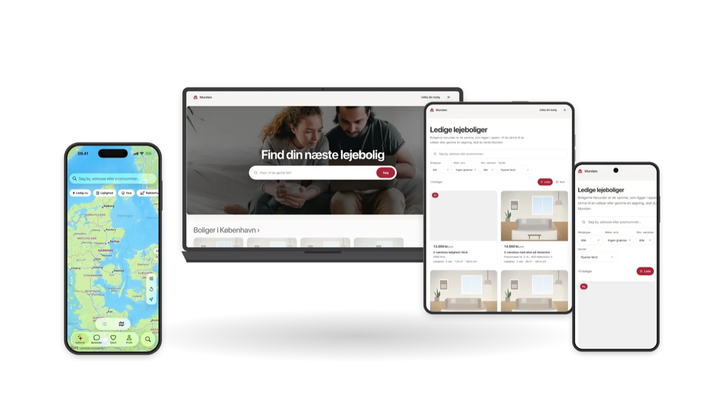 Mursten på iPhone, iPad, Android og computer: appen viser ledige
                    lejeboliger på et kort over Danmark, og hjemmesiden viser søgningen
                    med billeder af boligerne.