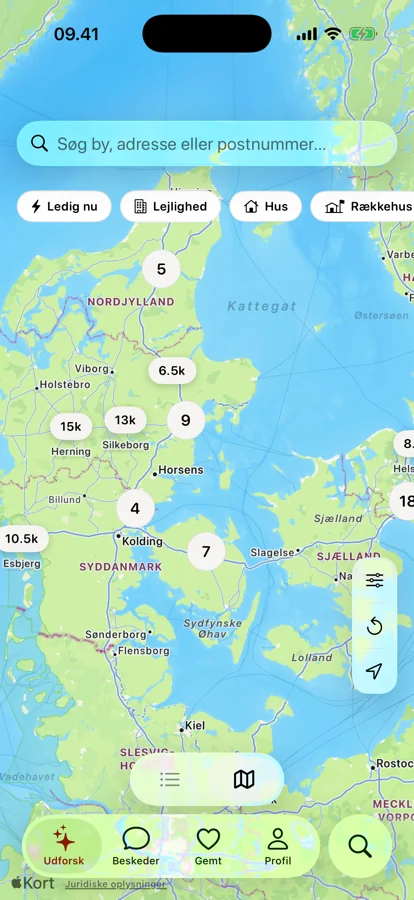 Mursten viser ledige lejeboliger på et kort over Danmark.
